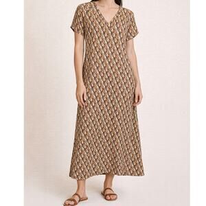 Flax Maxi Shirt Dress Geometric Print Yellow Purple Relaxed Fit Size Small